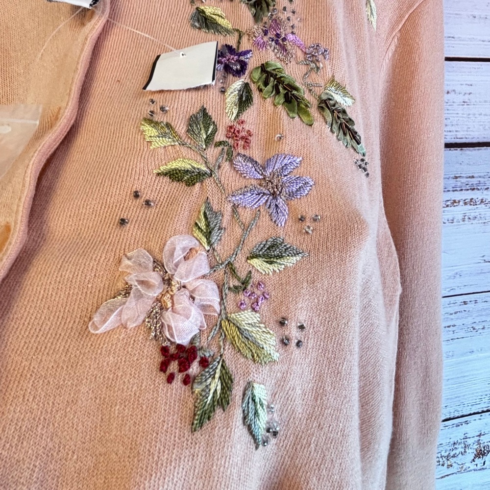 Vintage Embroidered Beaded Cardigan L Peach Ramie/Rayon 3D Ribbon Floral Whimsy - Picture 11 of 16